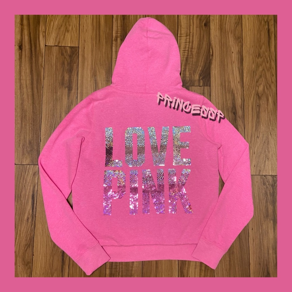 RARE PINK VS BLING FULL ZIP FUR LINED HOODIE COAT JACKET - Picture 3 of 9